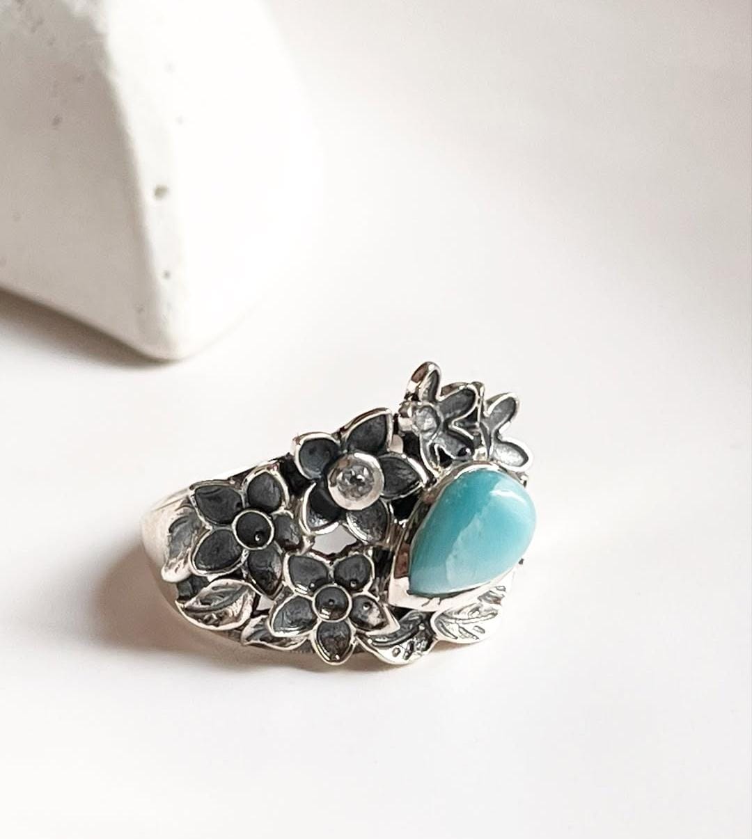 Statement Larimar Ring in Sterling Silver with Forest Design