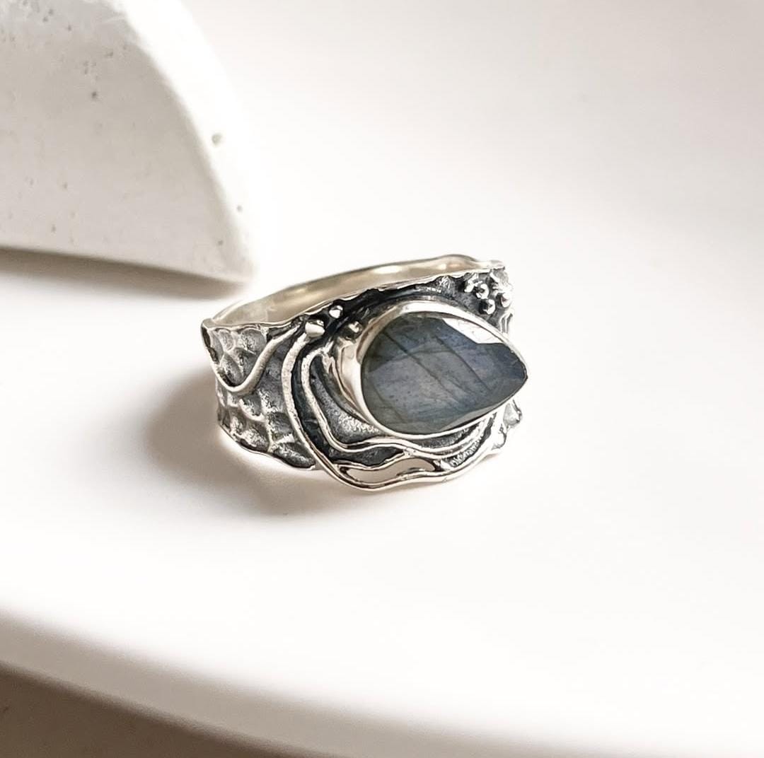 Handcrafted Labradorite Pear Ring in Rustic Silver