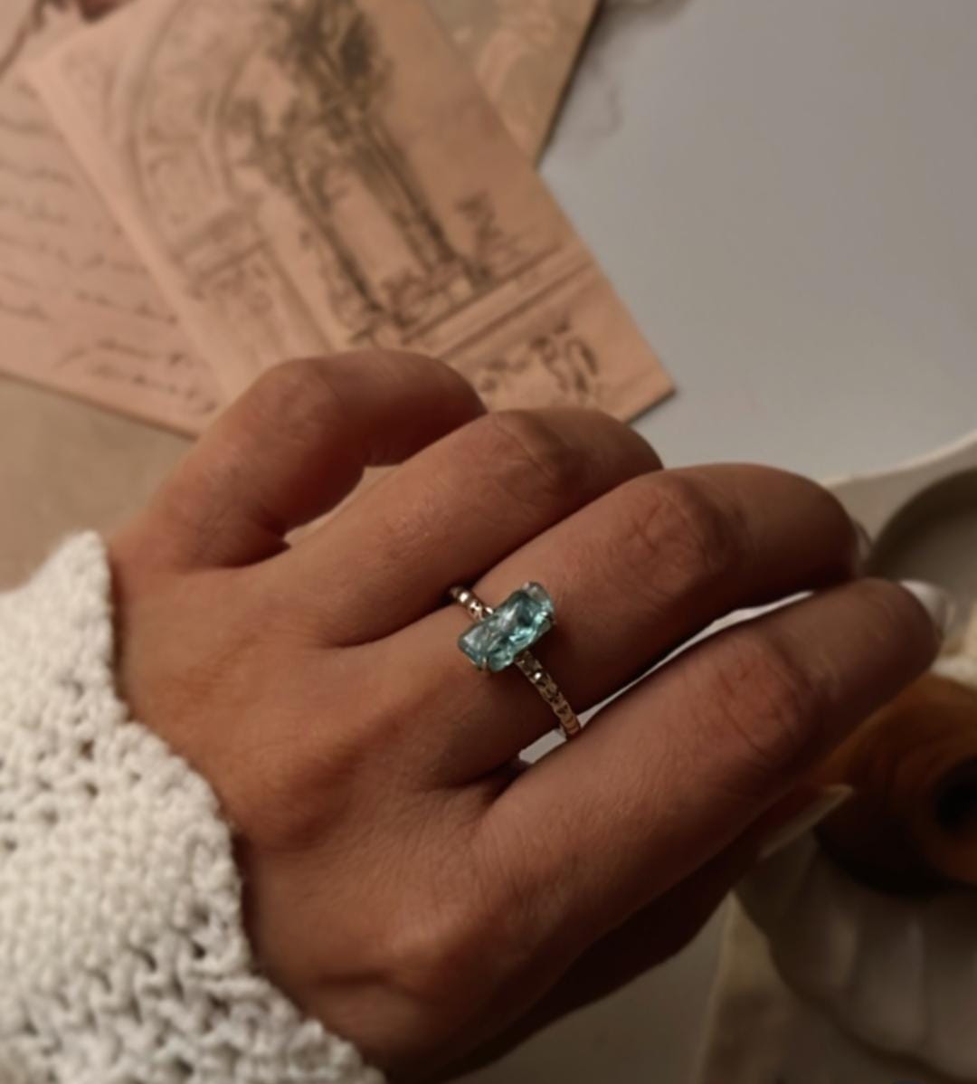 Elegant Blue Apatite Raw Uncut Silver Ring with Dot Band