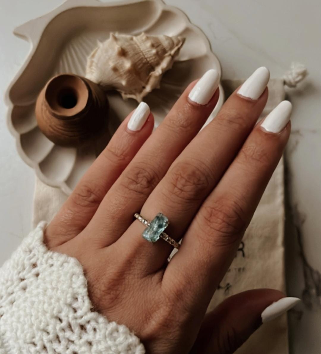 Handcrafted Blue Apatite Raw Uncut Silver Ring with Dot Details