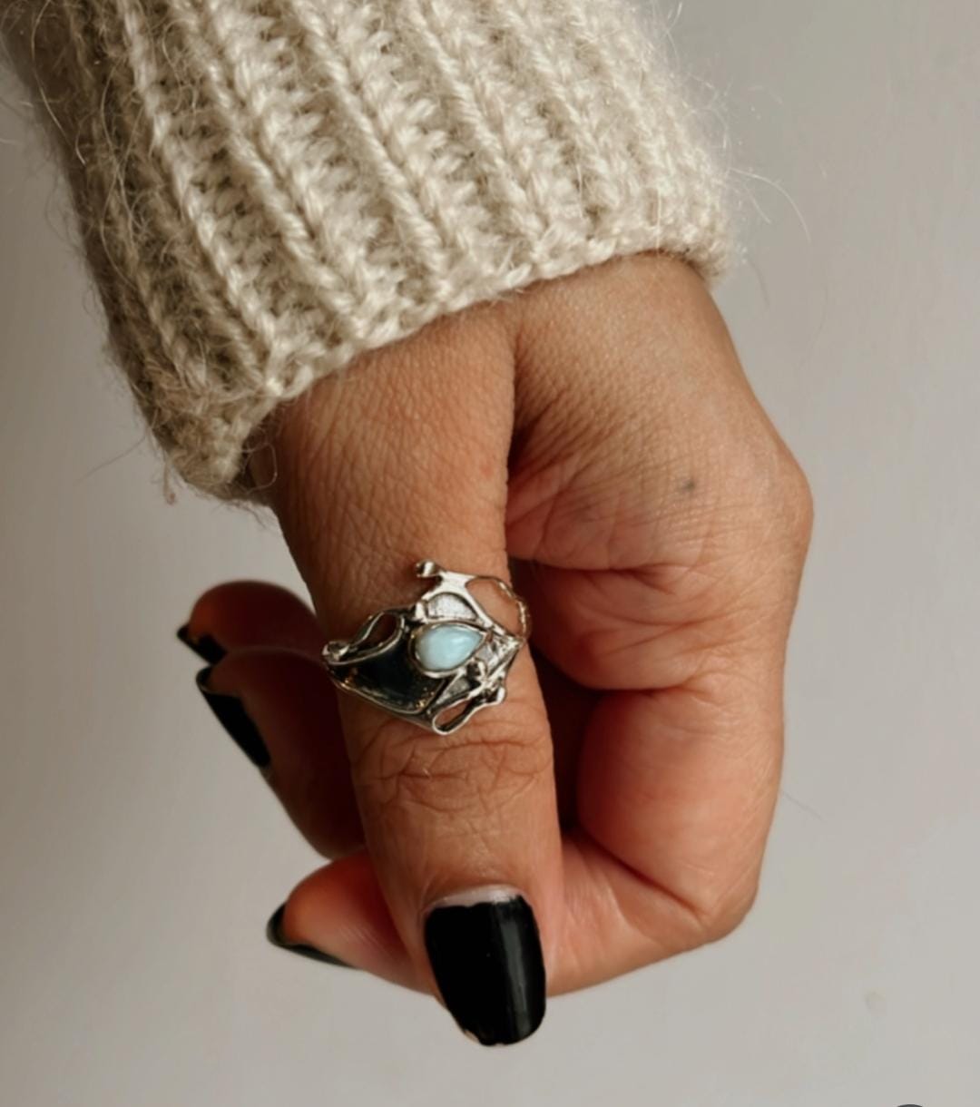 Charming Larimar Molten Drip Silver Ring with Natural Beauty