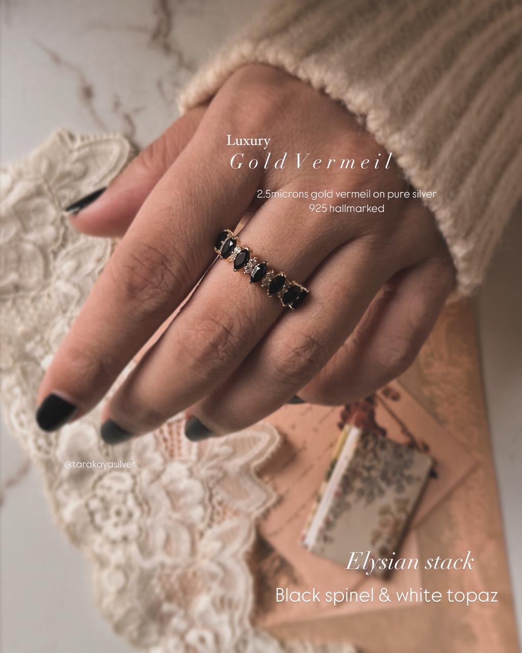 925 sterling silver gold vermeil Elysian stack ring featuring black spinel and white topaz