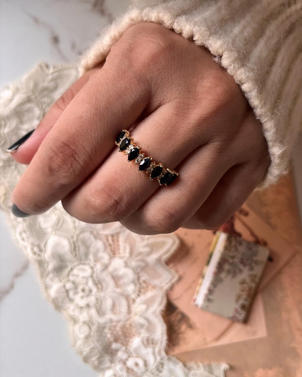 Stackable 925 sterling silver ring with gold vermeil, black spinel, and white topaz