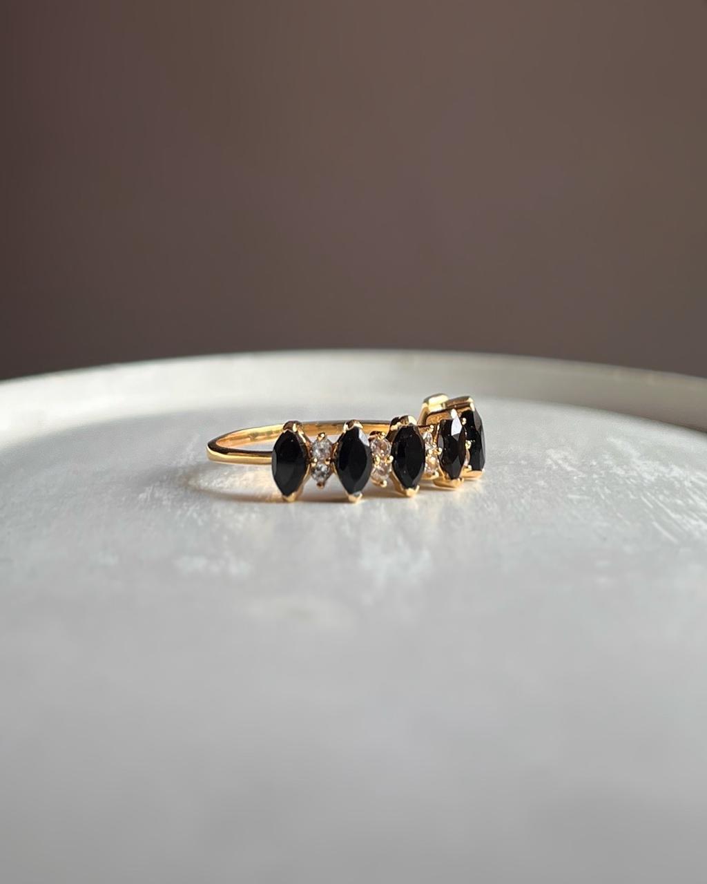 Luxurious gold vermeil Elysian stack ring with black spinel and white topaz stones