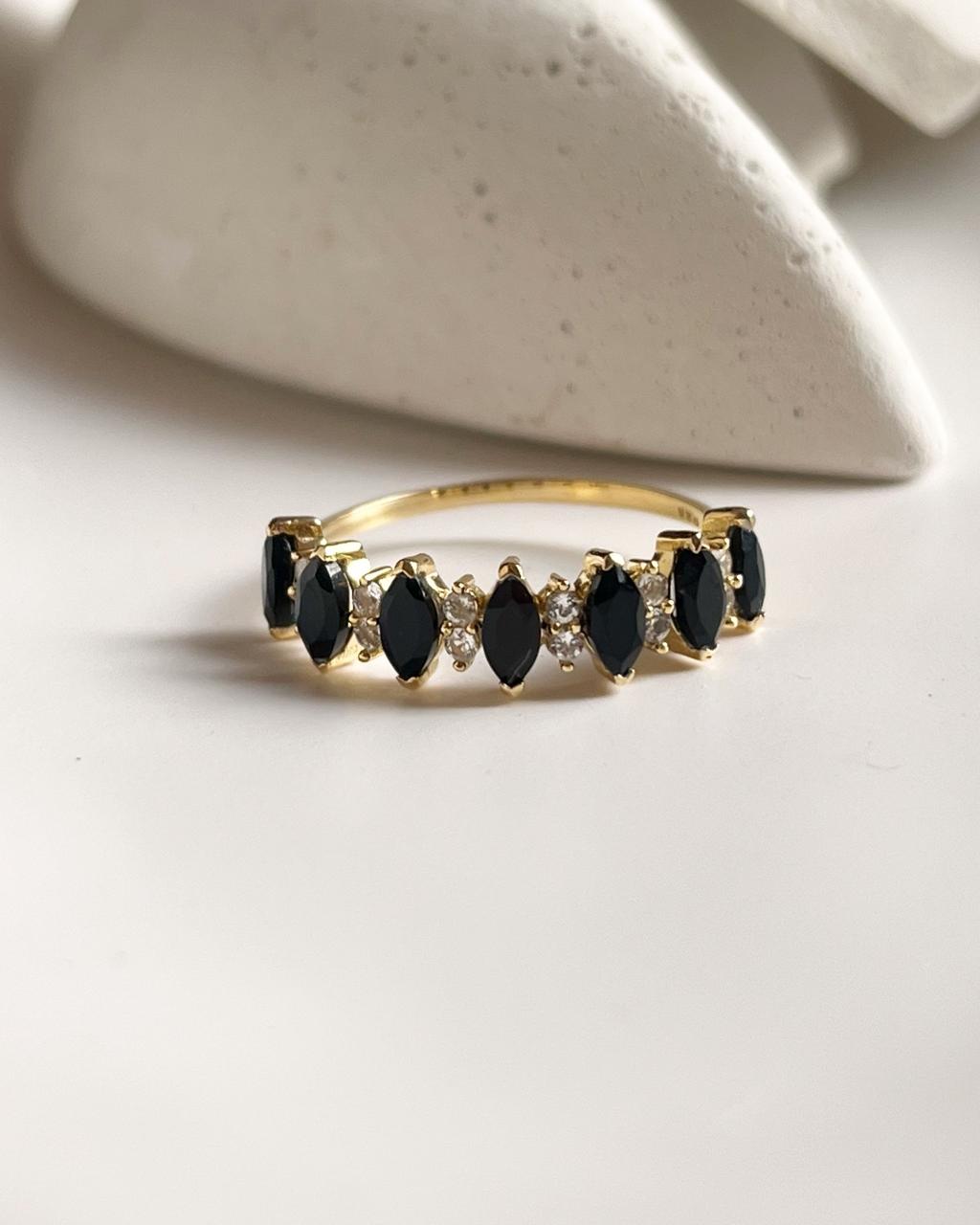 Gold vermeil Elysian stack ring with black spinel and white topaz, 925 silver base