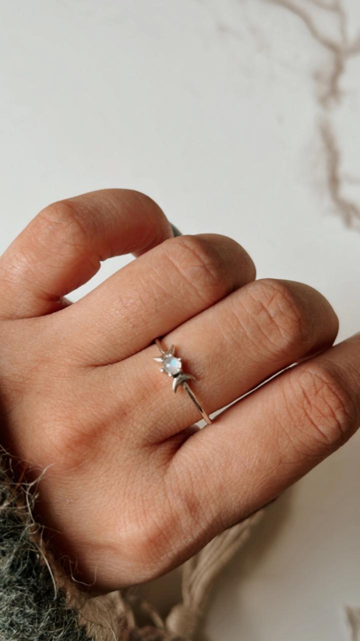 Sterling Silver Ring Featuring Moonstone and Moon Phases
