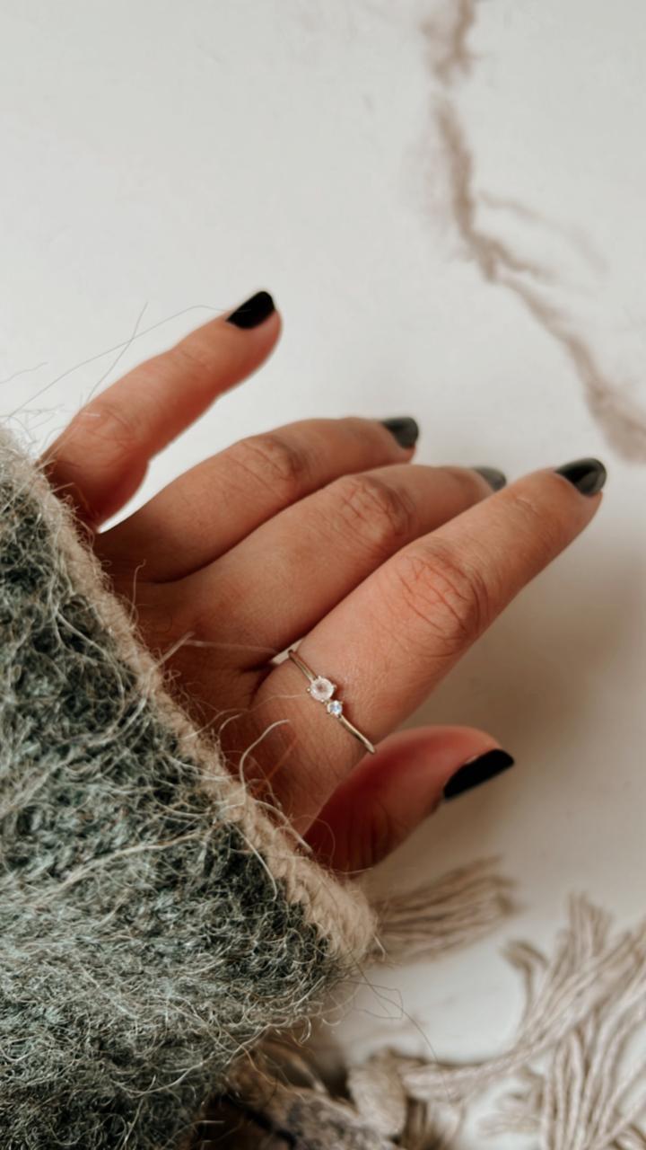 Stylish Minimal Double Stone Moonstone Silver Ring with Radiant Glow