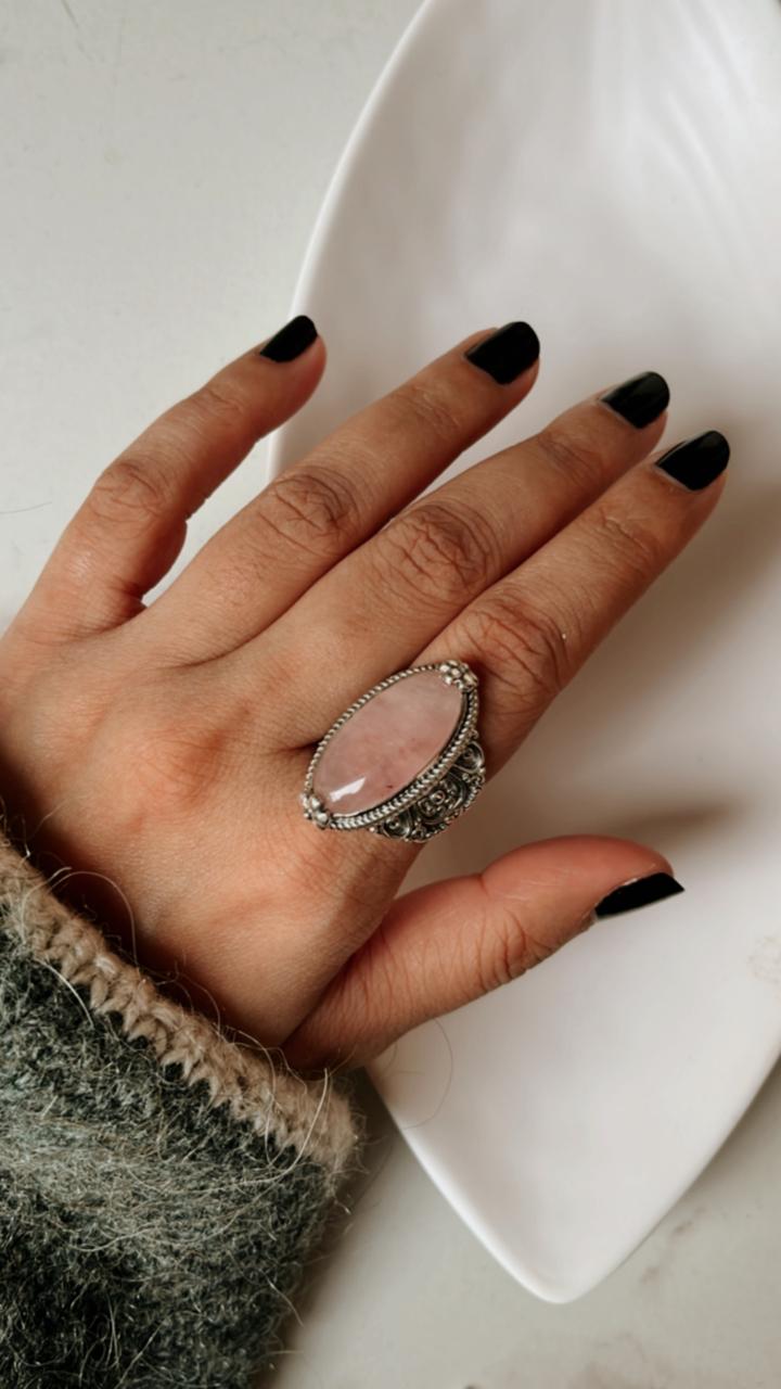 Boho-Inspired Oval Rose Quartz Silver Statement Ring