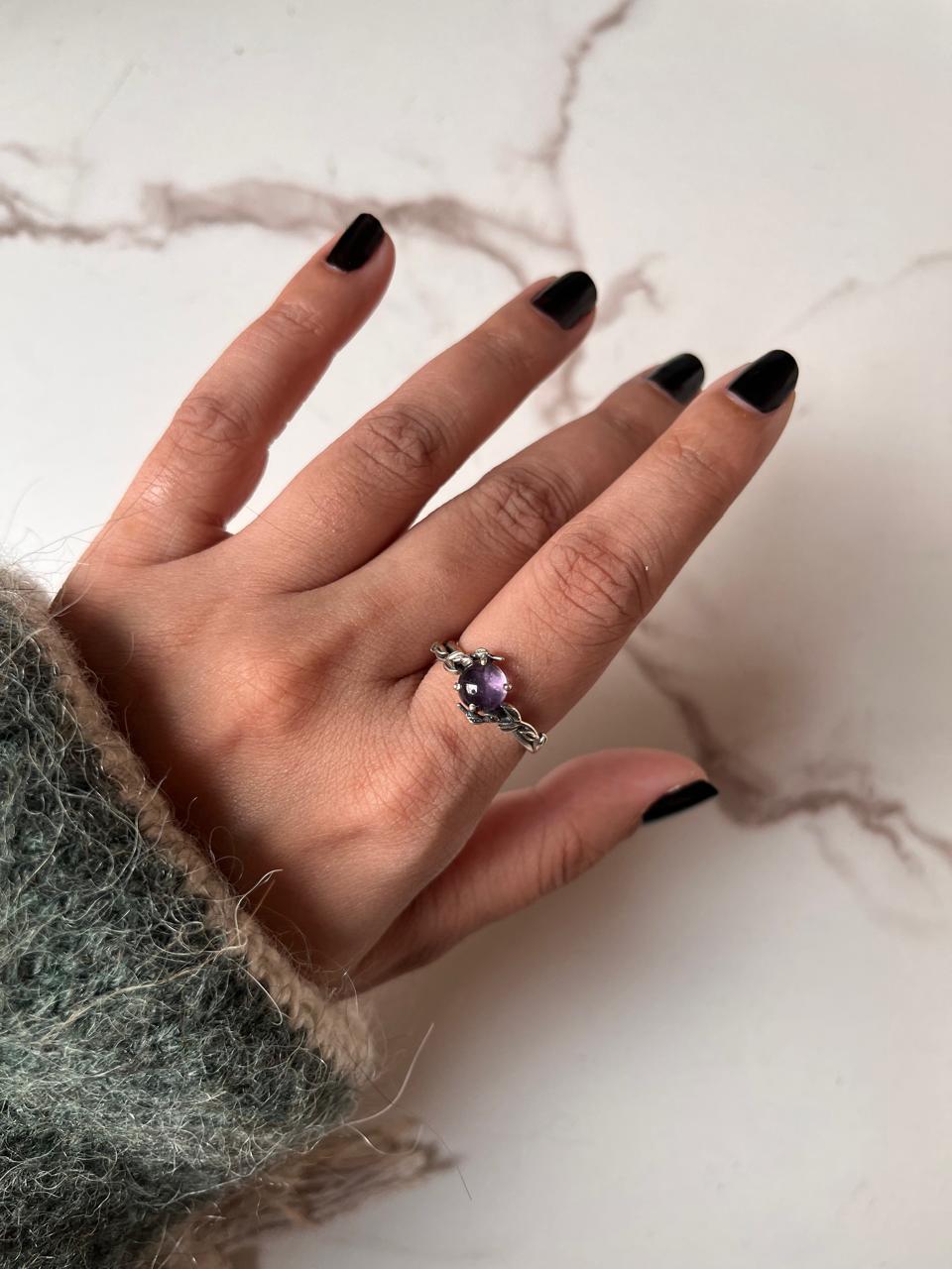 Amethyst Silver Ring with Forest Enchantment Design
