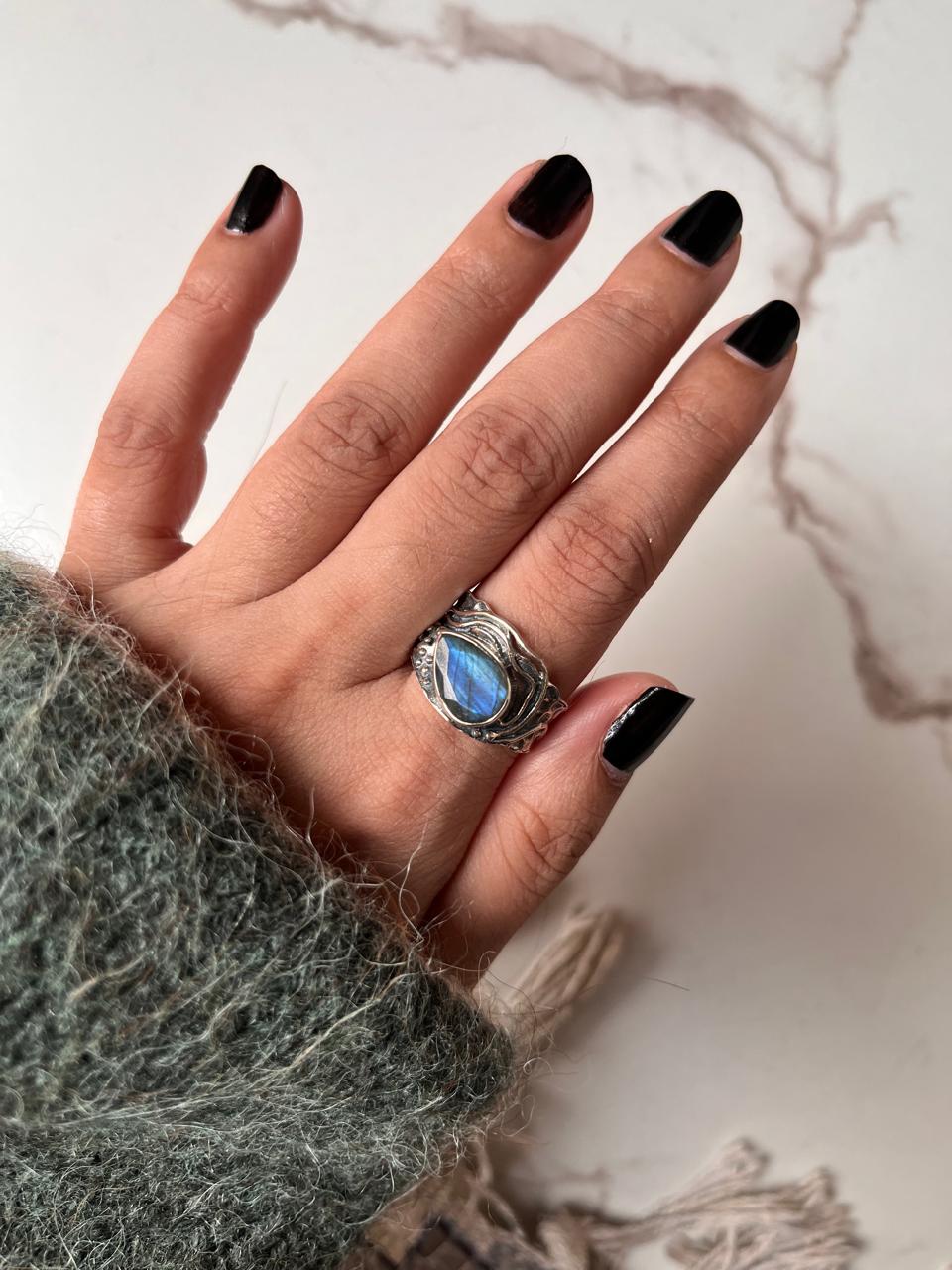 Boho-Inspired Rustic Silver Ring with Pear-Shaped Labradorite