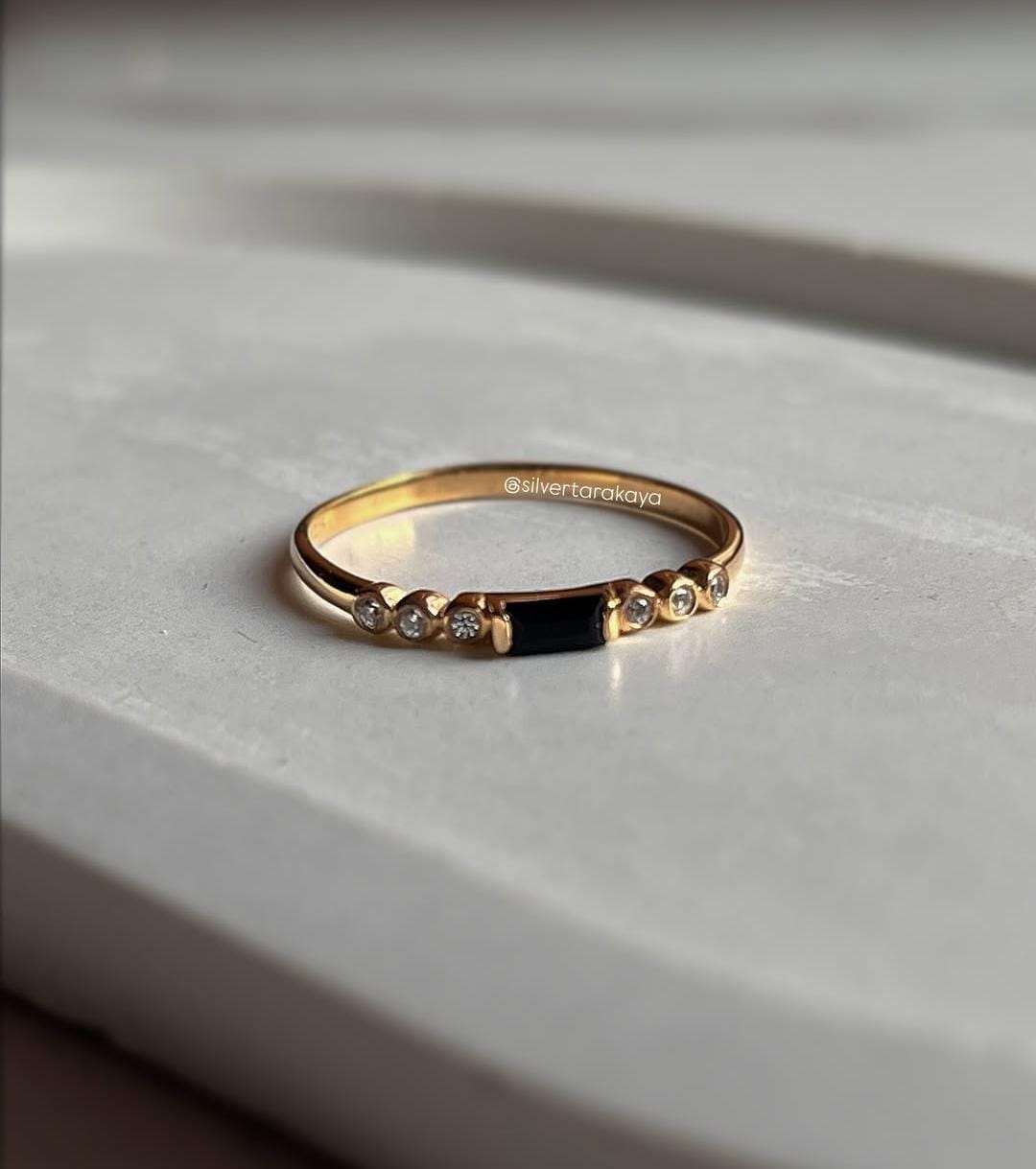 Luxurious Gold Vermeil twilight stack silver ring with black spinel & white topaz