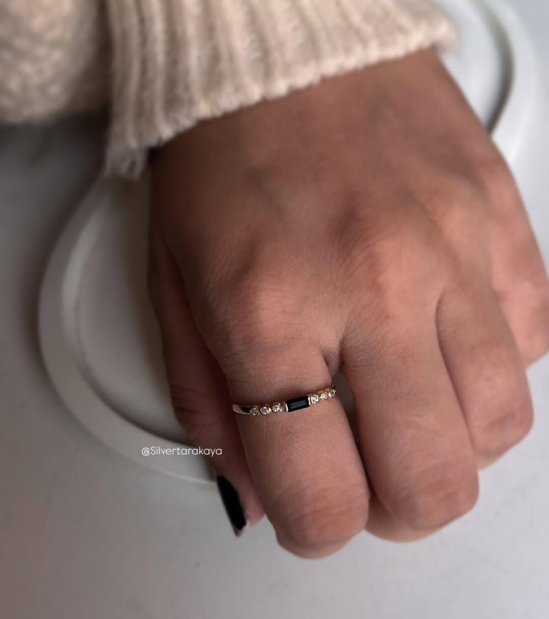 Gold Vermeil 925 silver twilight stack ring with black spinel and white topaz