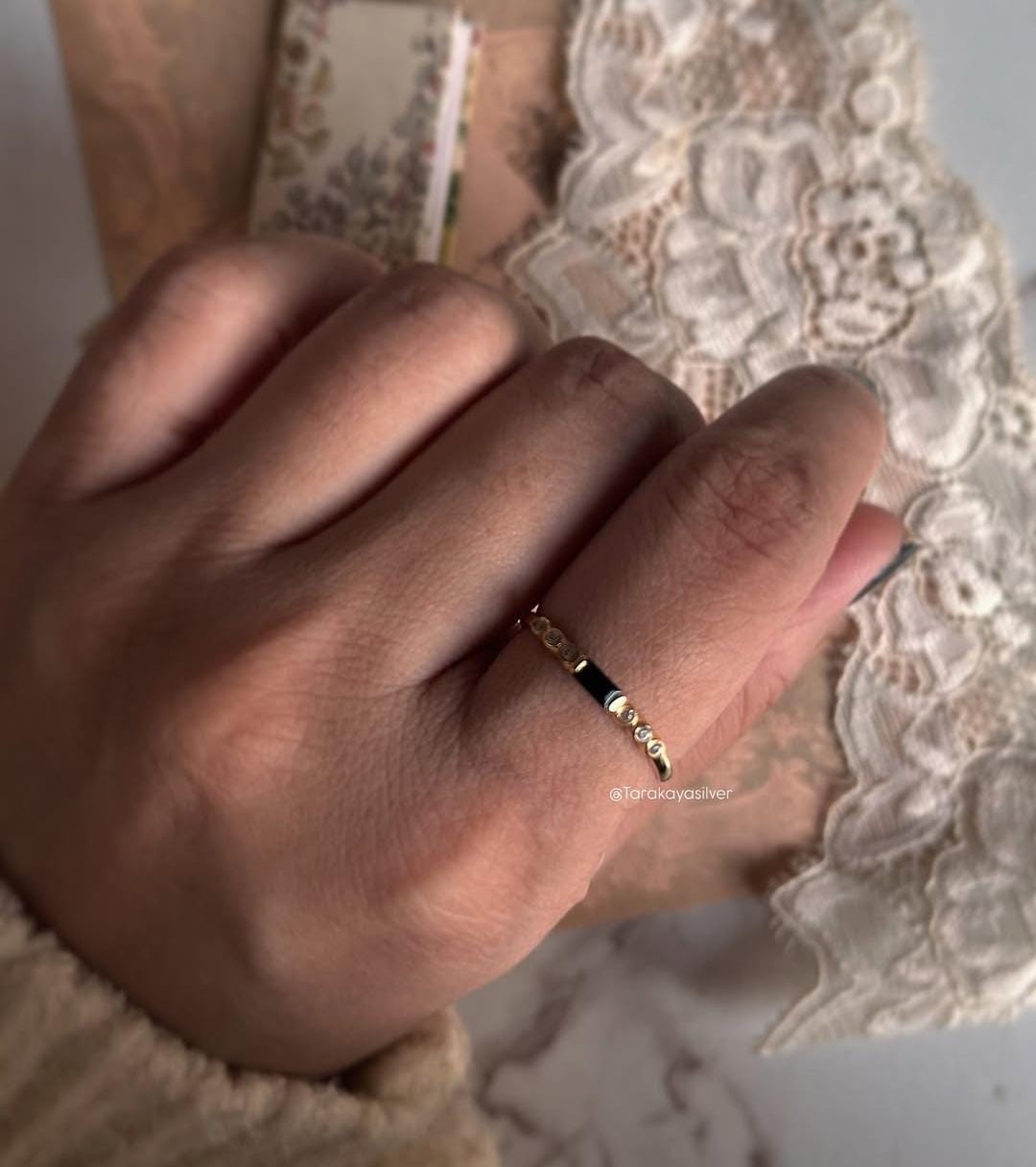 Black spinel and white topaz twilight stack band in Gold Vermeil silver 925 ring