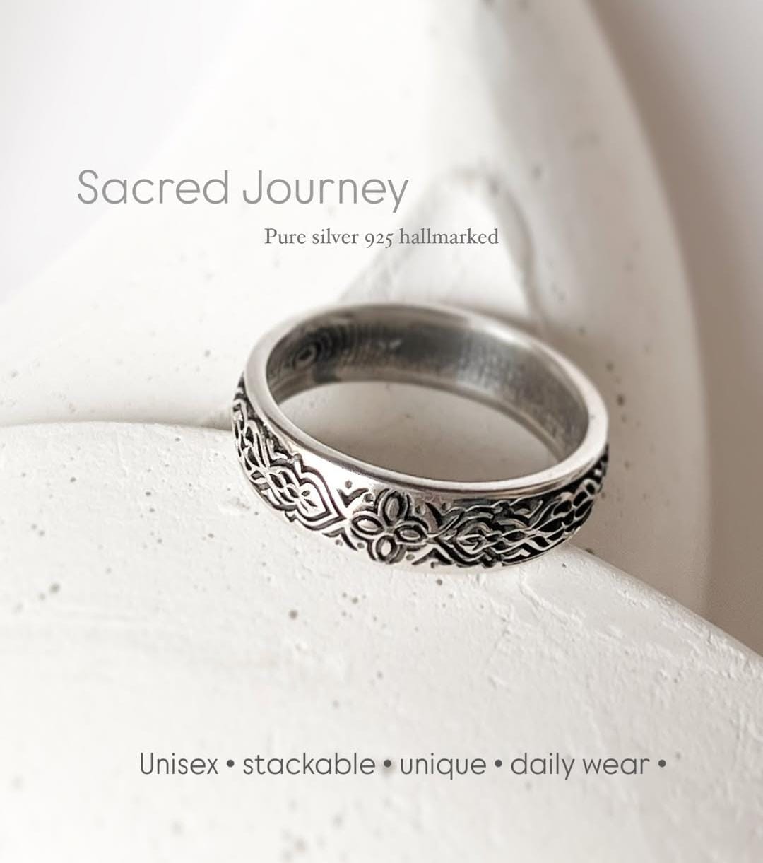 Sacred Journey 925 silver ring with intricate design, perfect for unisex stackable daily wear and unique gift ideas.