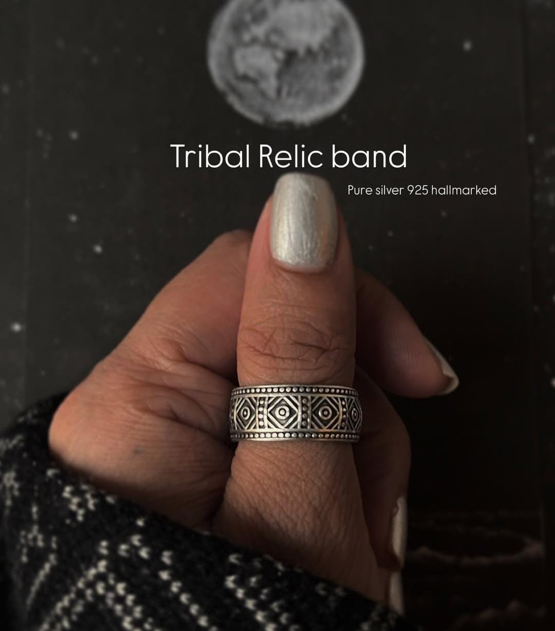 925 Silver Tribal Relic Band Ring with Intricate Design