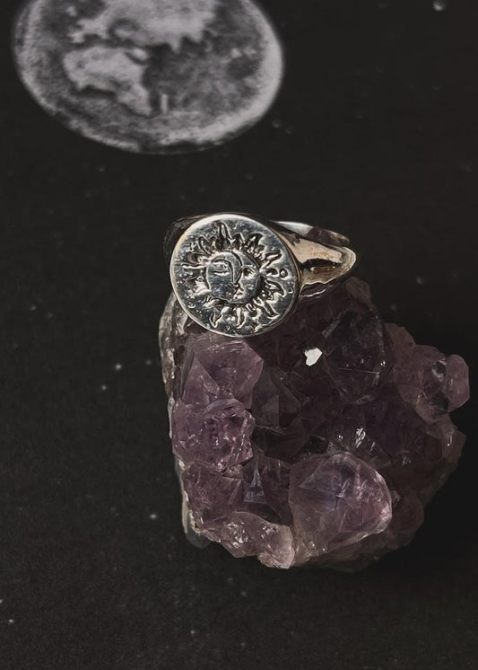 Sun Moon Engraved Signet 925 sterling Silver Ring for Unique Style