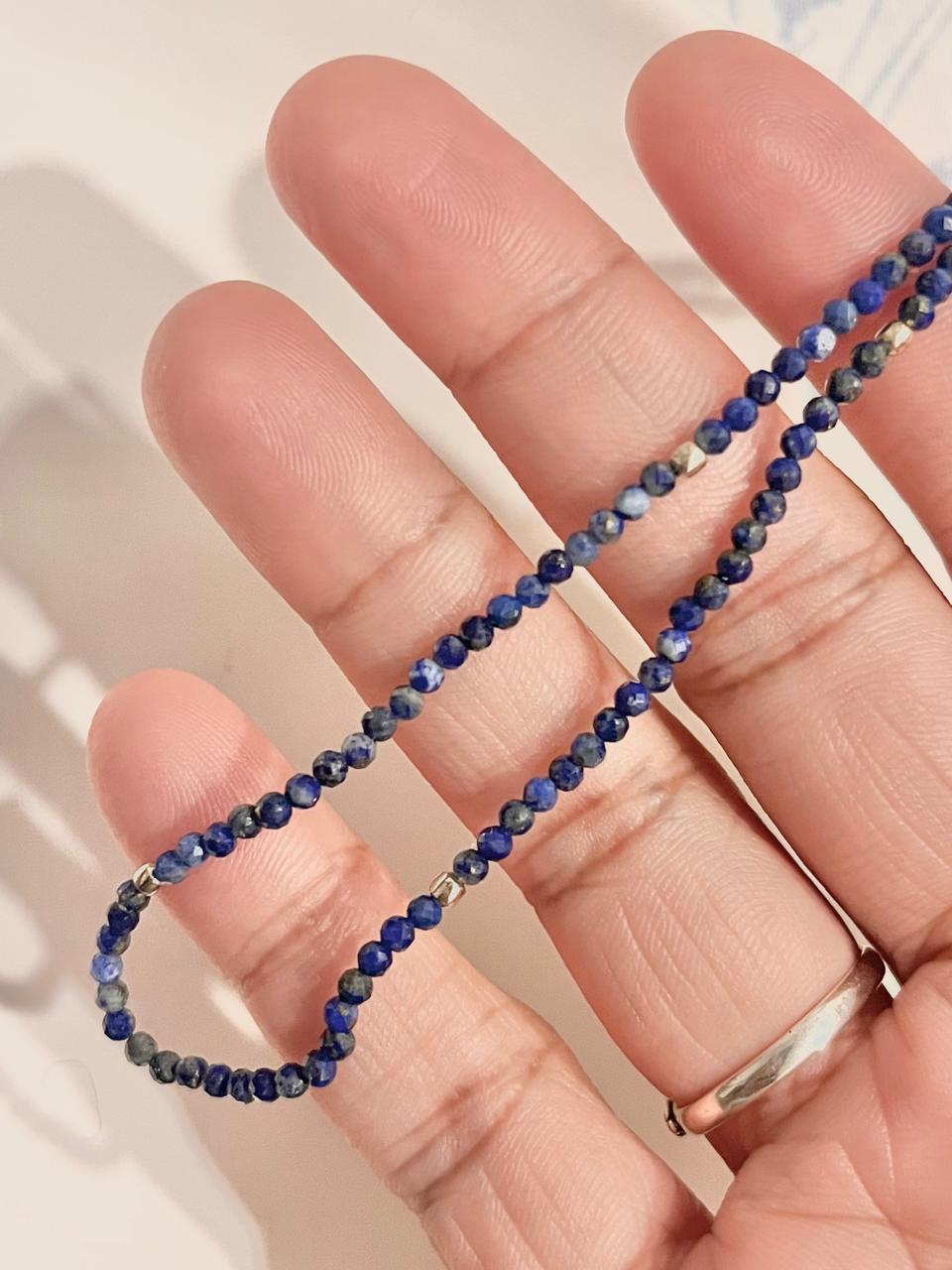 Boho Lapis Lazuli Choker Necklace with Silver Ball Charms