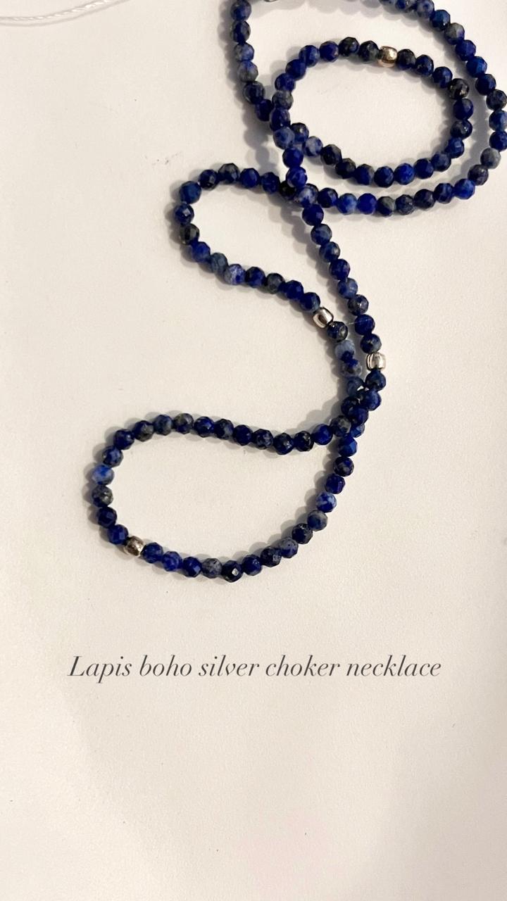 925 Silver Ball Necklace with Lapis Lazuli Beads 2MM