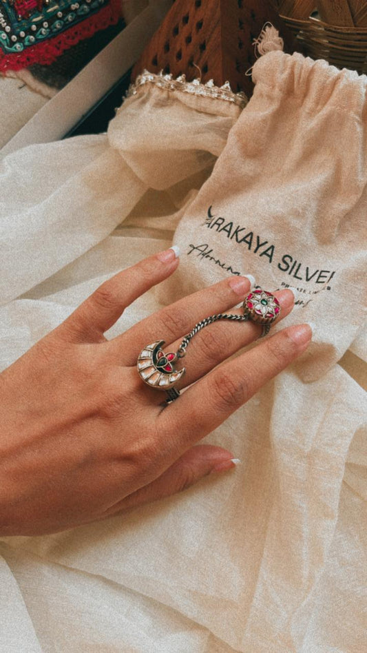 Unique Antique Kundan Meenakari Silver Ring with Chand Pattern for Jewelry Lovers