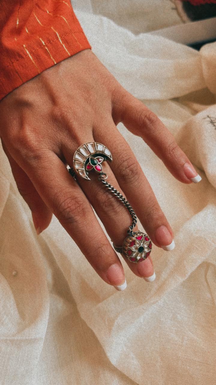 Kundan Meenakari Chand Double Silver Ring with Rich Traditional Design