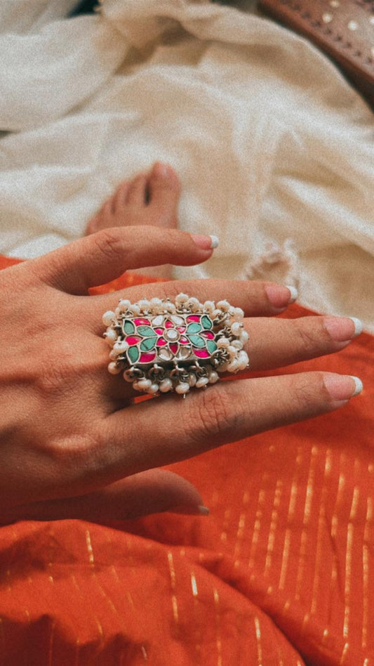 Antique Style Kundan Meenakari Ring with Turquoise and Pearls in 925 Silver