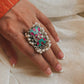 Elegant Adjustable Turquoise Meenakari Kundan Ring with Pearls in Silver