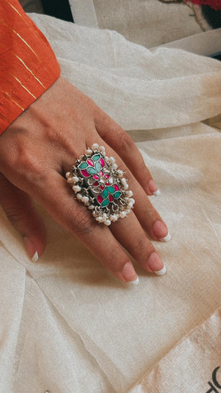 Elegant Adjustable Turquoise Meenakari Kundan Ring with Pearls in Silver