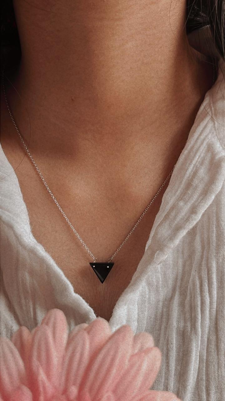 Black Onyx Gemstone Triangle Necklace 