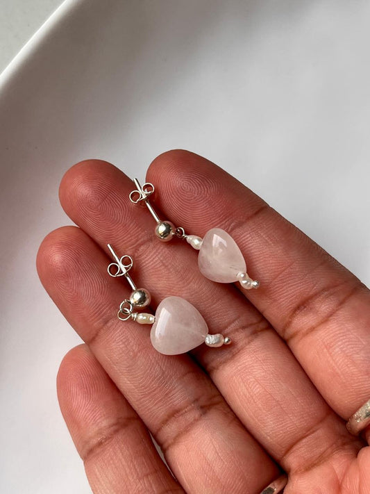 Rose Quartz Heart and Pearl Silver Stud Earrings
