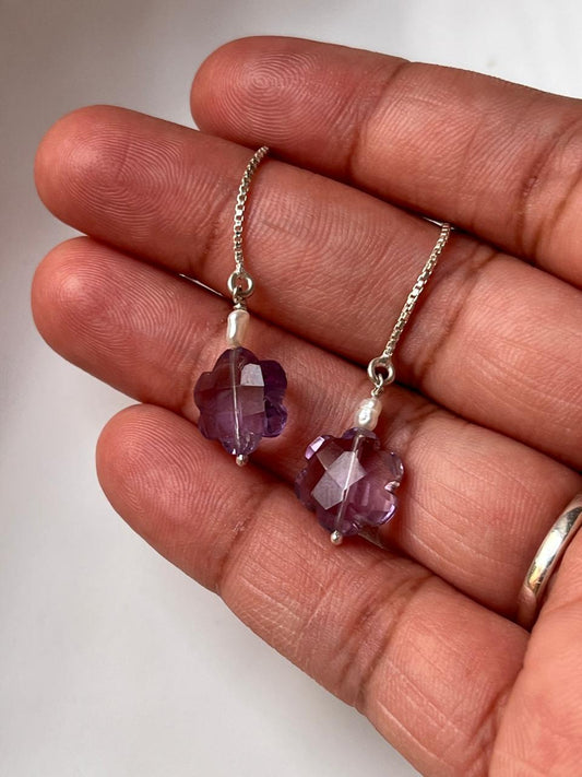Amethyst Flower Crystal Sui Dhaga Silver Earring