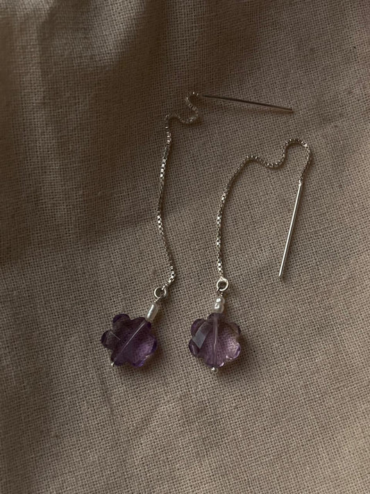 925 Sterling Silver Earring with Amethyst Flower Crystal Sui Dhaga Design