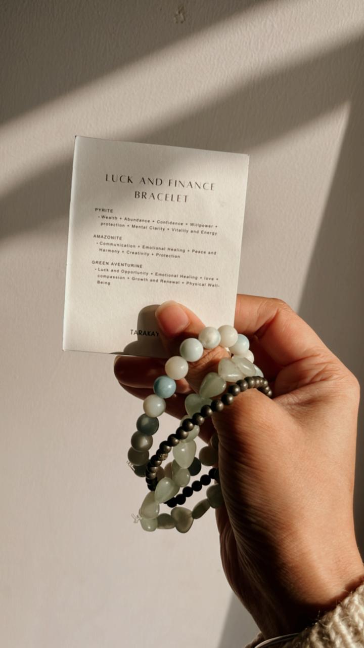 Handcrafted bracelet with Aquamarine, Green Aventurine Heart, and Pyrite for luck and financial success