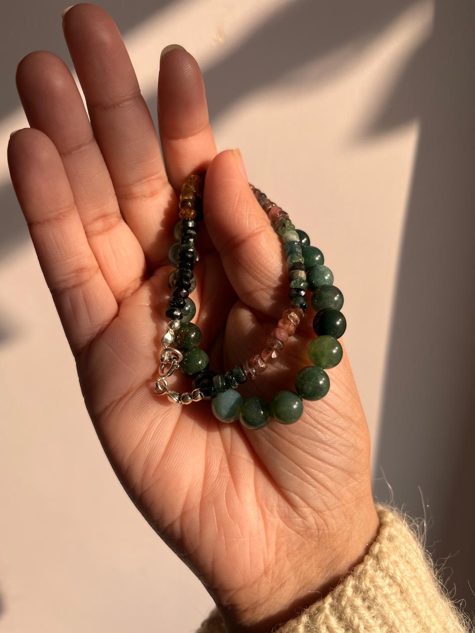 Combo Moss Agate 8mm and Multi Tourmaline 4mm natural crystal bracelet