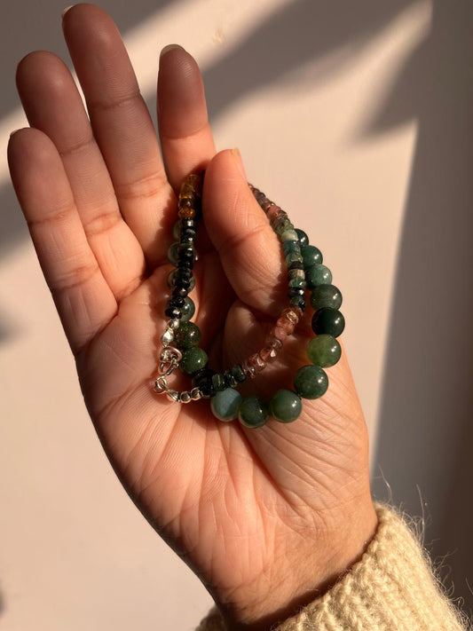 Combo Moss Agate 8mm and Multi Tourmaline 4mm natural crystal bracelet