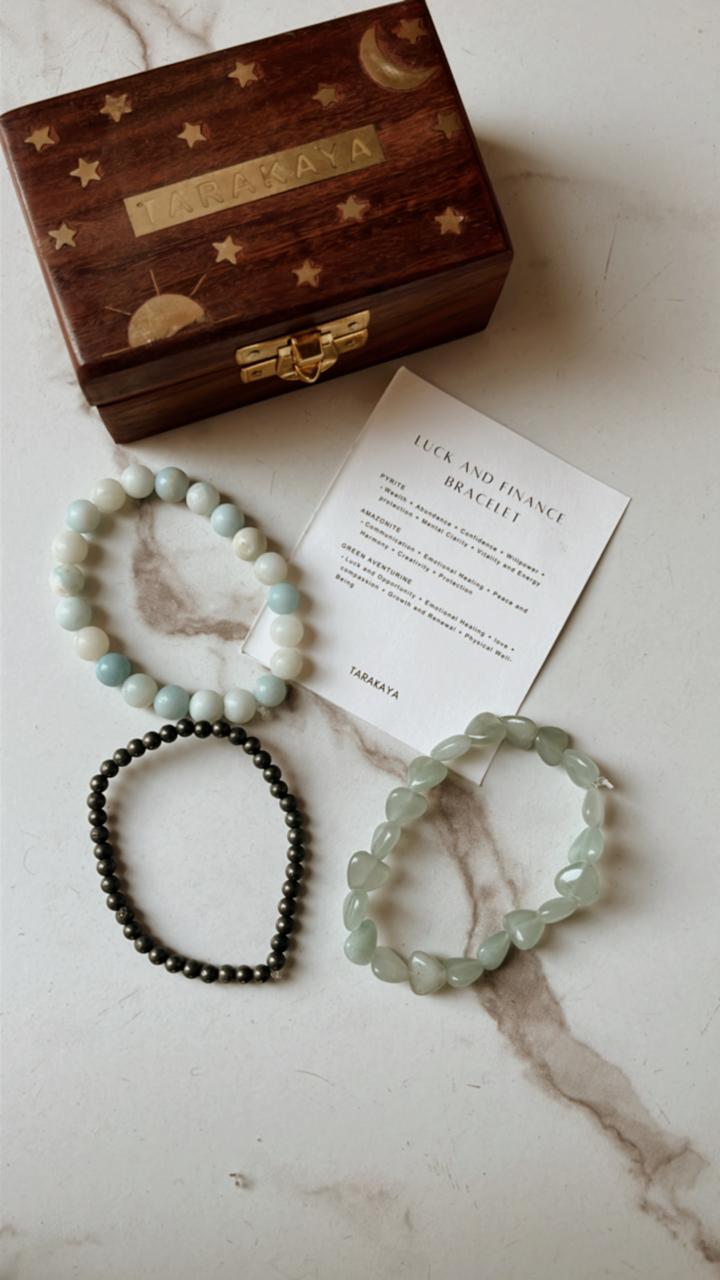 Aquamarine, Green Aventurine Heart, and Pyrite 4mm bracelet for attracting finance and good luck