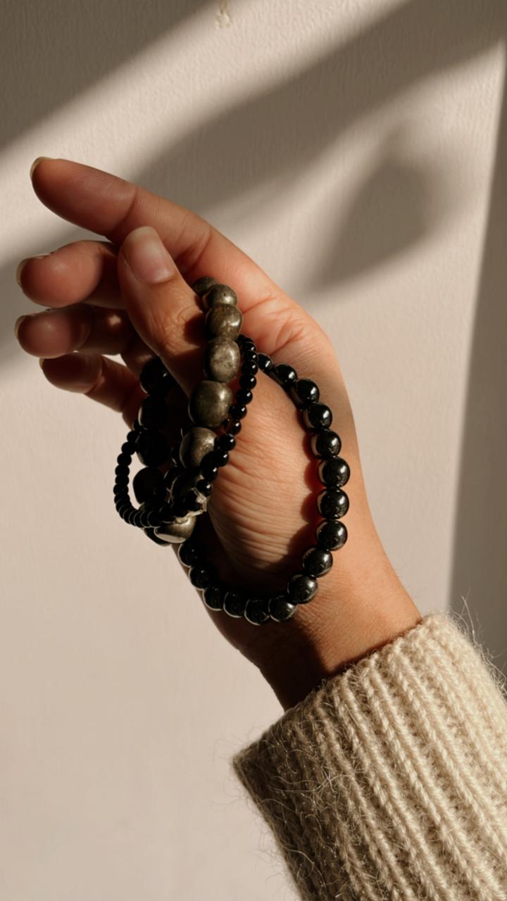 Pyrite, Black Tourmaline, and Hematite natural crystal bracelet for grounding and protection