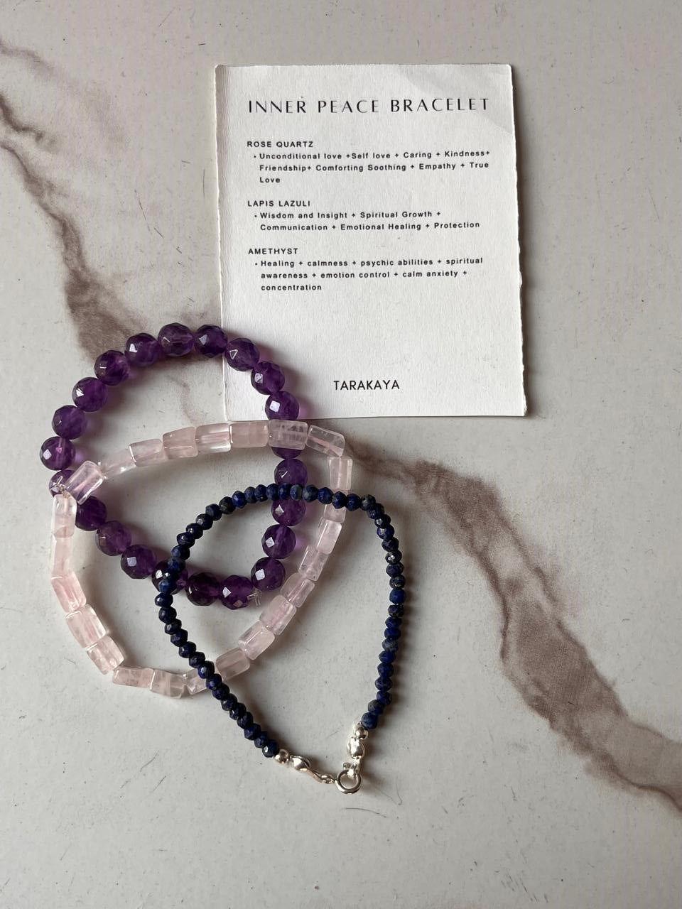 Handcrafted inner peace bracelet with Amethyst Diamond Cut, Rose Quartz Rectangle, and Lapis crystals