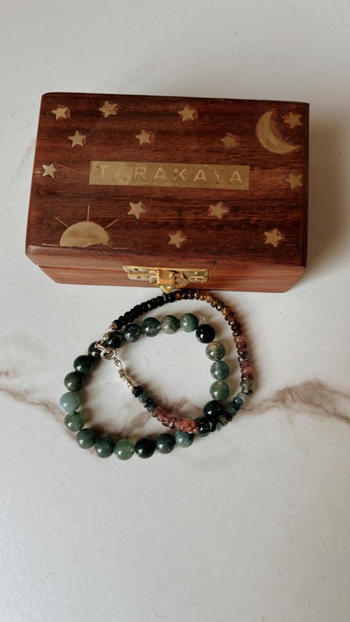 Boho-style bracelet with Moss Agate 8mm and Multi Tourmaline 4mm crystals