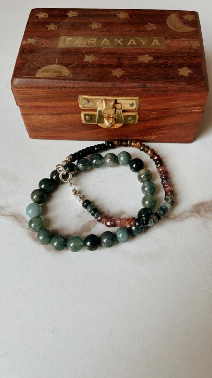 Handcrafted bracelet with Moss Agate 8mm and Multi Tourmaline 4mm stones