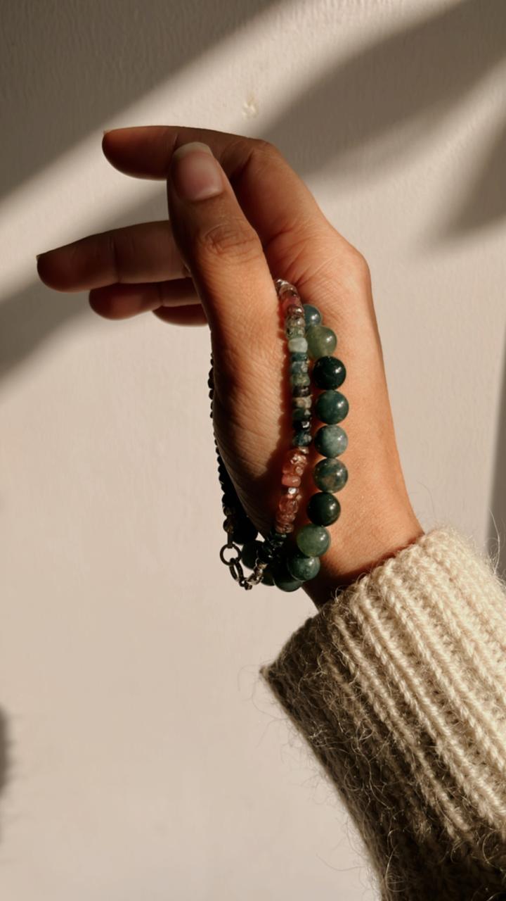 Beautiful natural crystal bracelet with Moss Agate and Multi Tourmaline beads