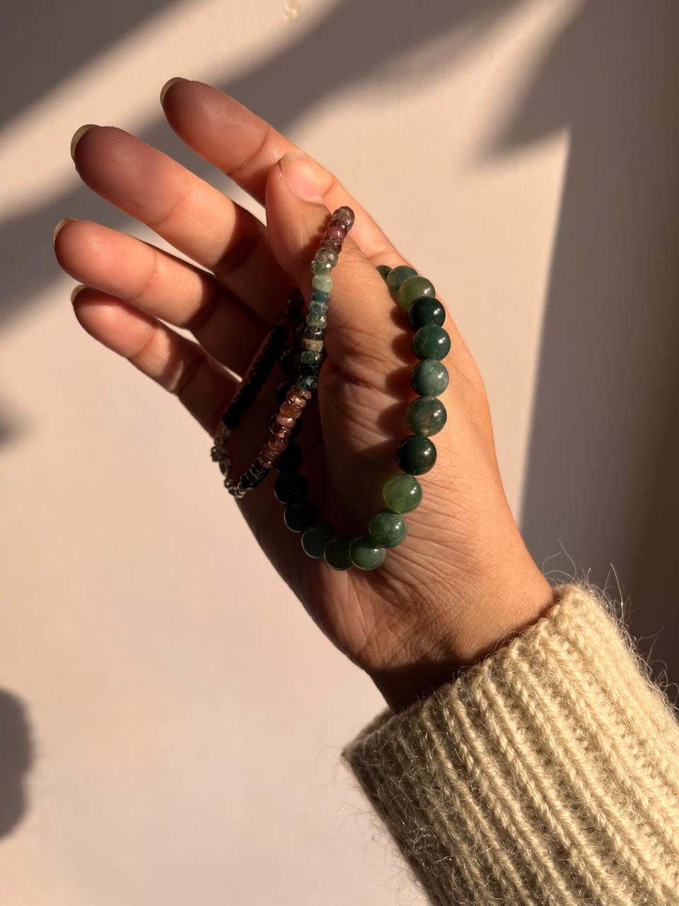 8mm Moss Agate and 4mm Multi Tourmaline crystal bracelet for energy