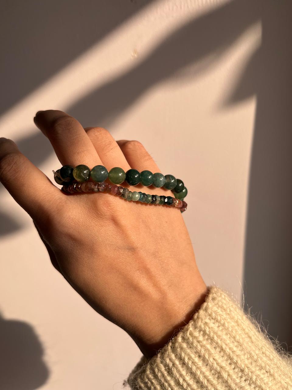 Healing bracelet made with Moss Agate and Multi Tourmaline natural crystals