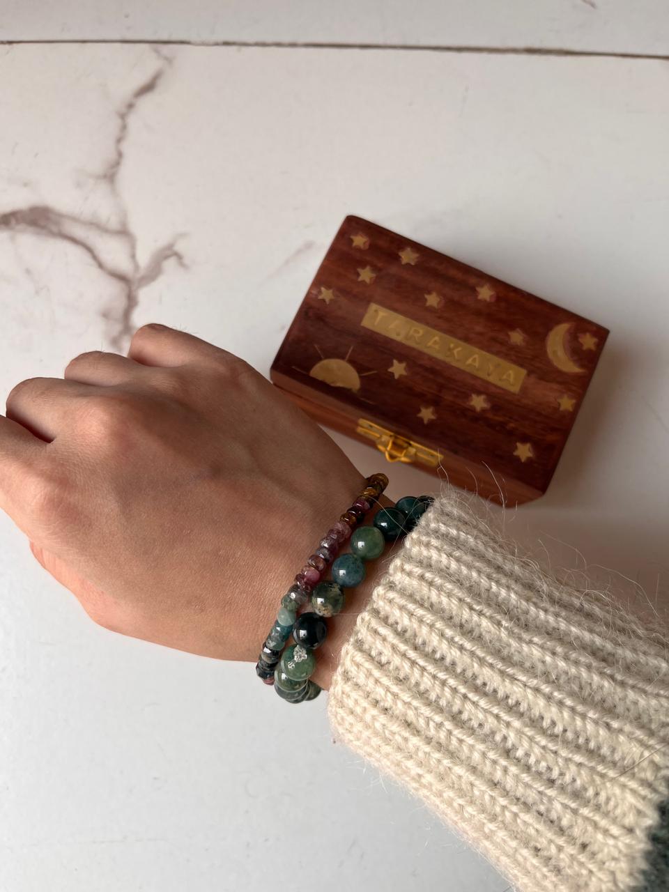 Natural crystal bracelet featuring 8mm Moss Agate and 4mm Multi Tourmaline beads