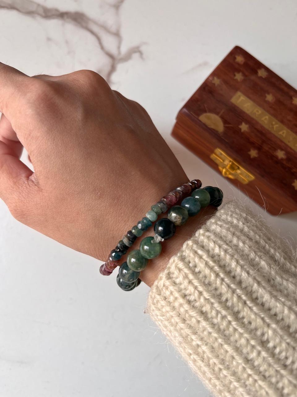 Multi-colored Tourmaline 4mm and Moss Agate 8mm bead bracelet