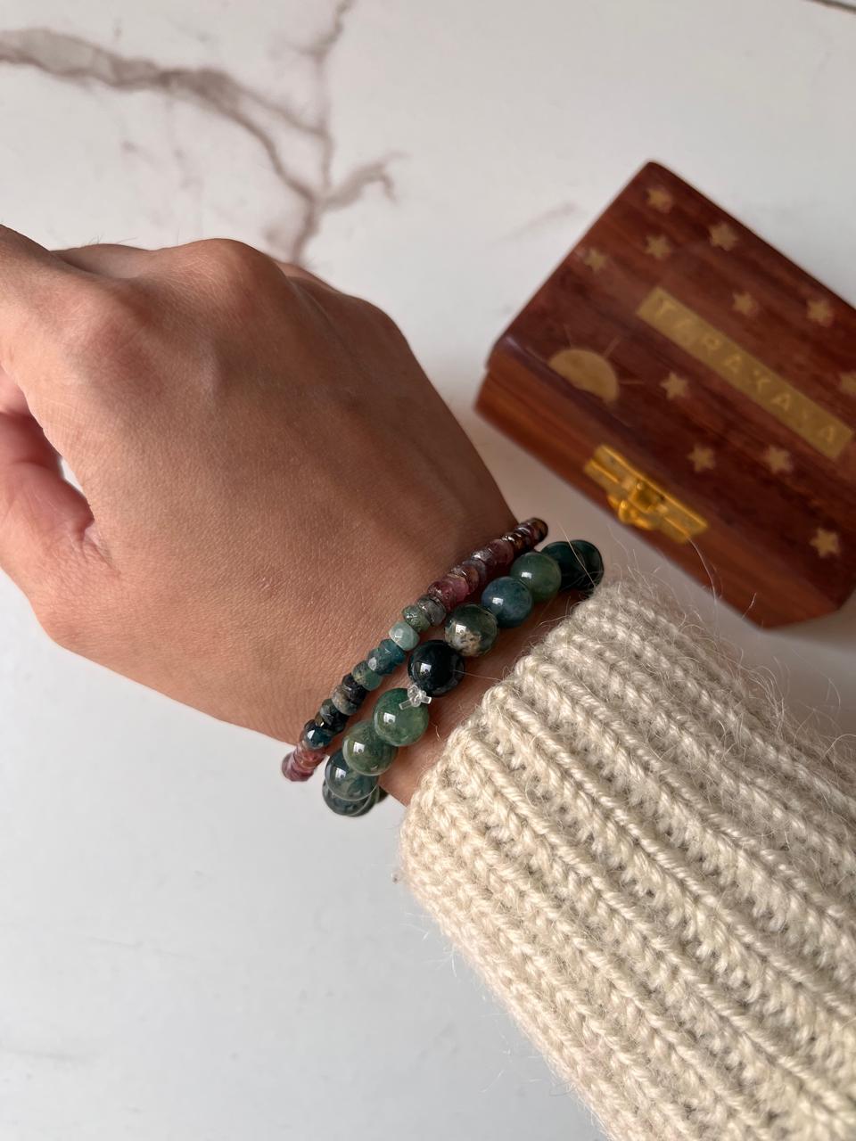 Combo Moss Agate 8mm and Multi Tourmaline 4mm natural crystal bracelet