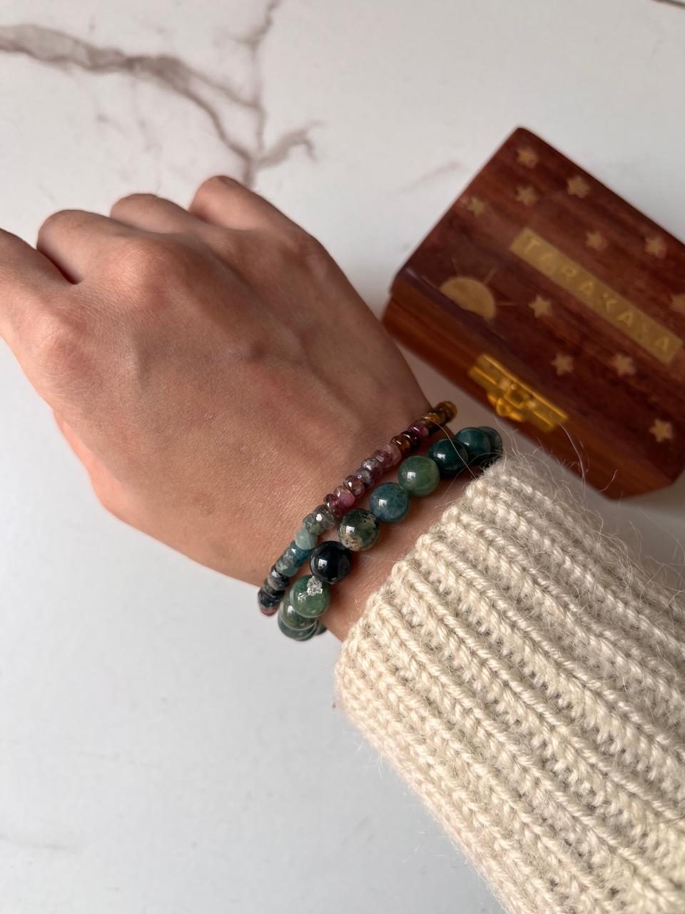 Combo Moss Agate and Multi Tourmaline 4mm natural crystal bracelet for wellness
