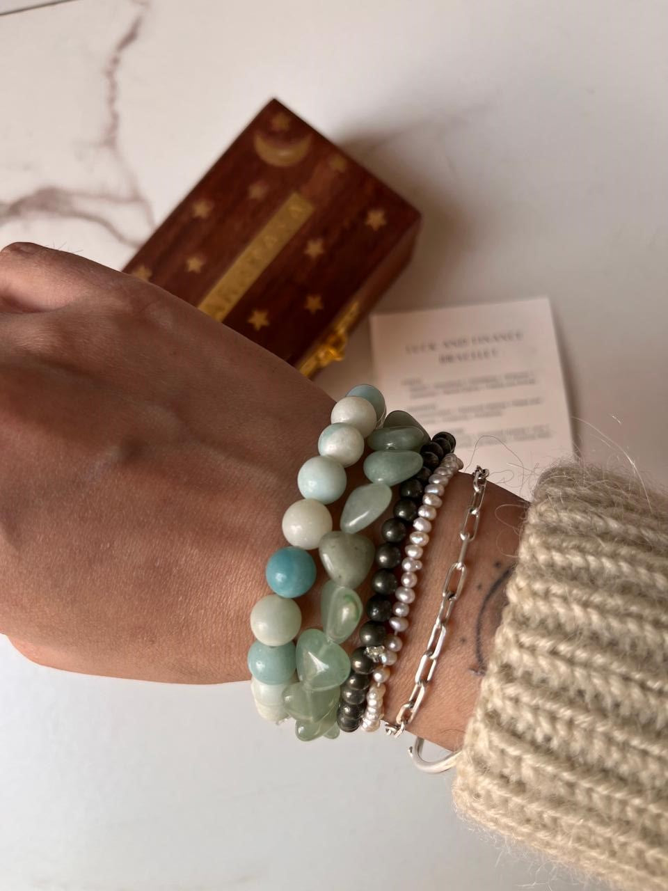 Powerful combo bracelet with Aquamarine, Green Aventurine Heart, and Pyrite 4mm for financial abundance