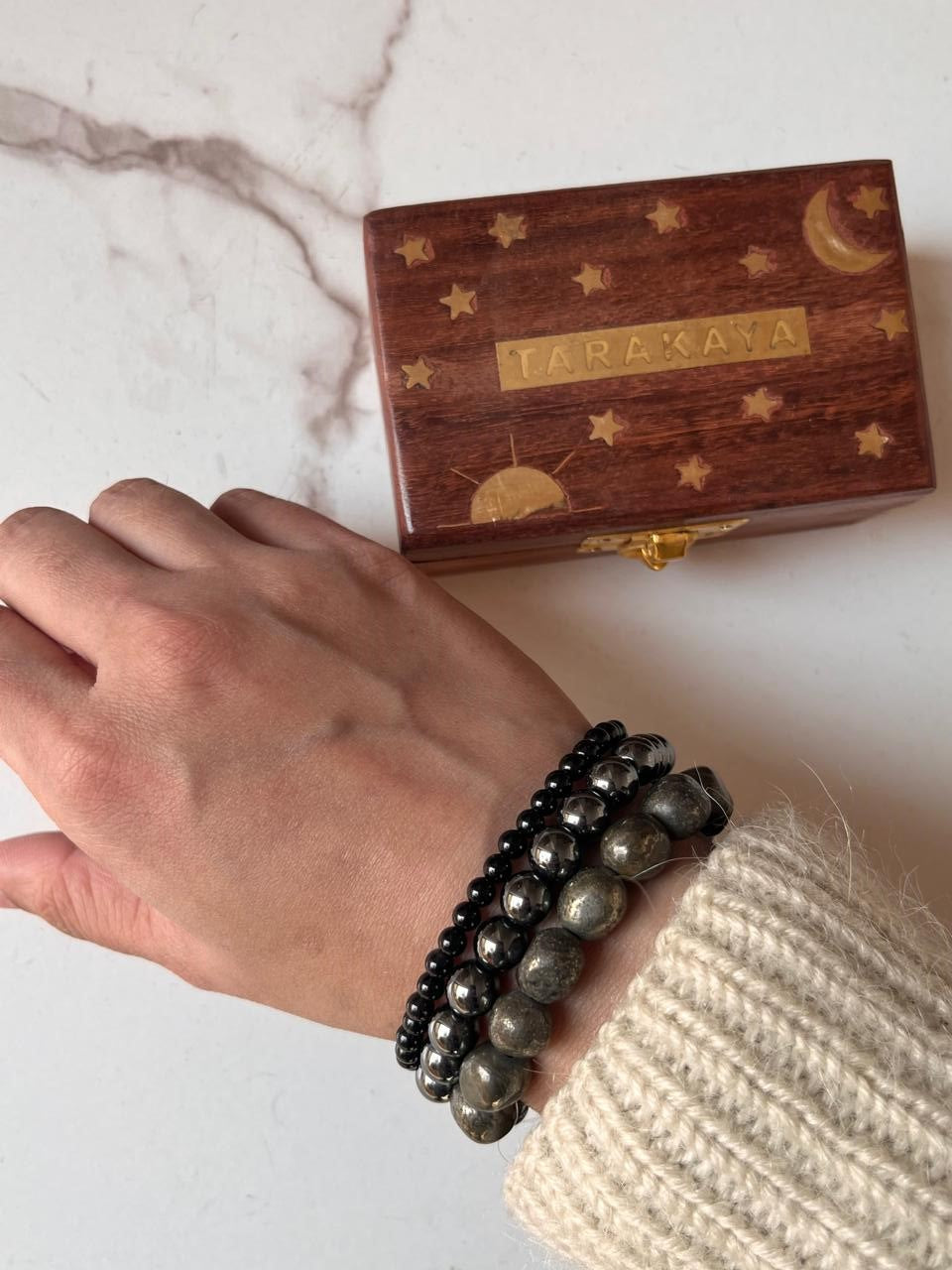 Natural crystal bracelet featuring Pyrite tumble, Black Tourmaline 4mm, and Hematite 8mm beads