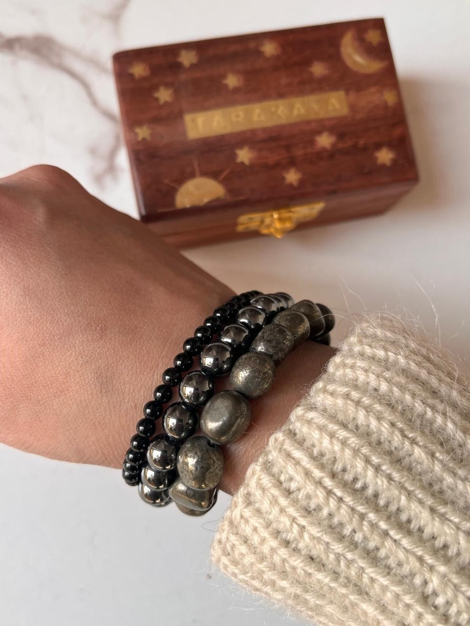 Pyrite, Black Tourmaline, and Hematite bracelet for spiritual protection and grounding