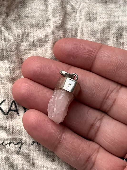 Raw Uncut Rose Quartz Crystal Silver Pendant